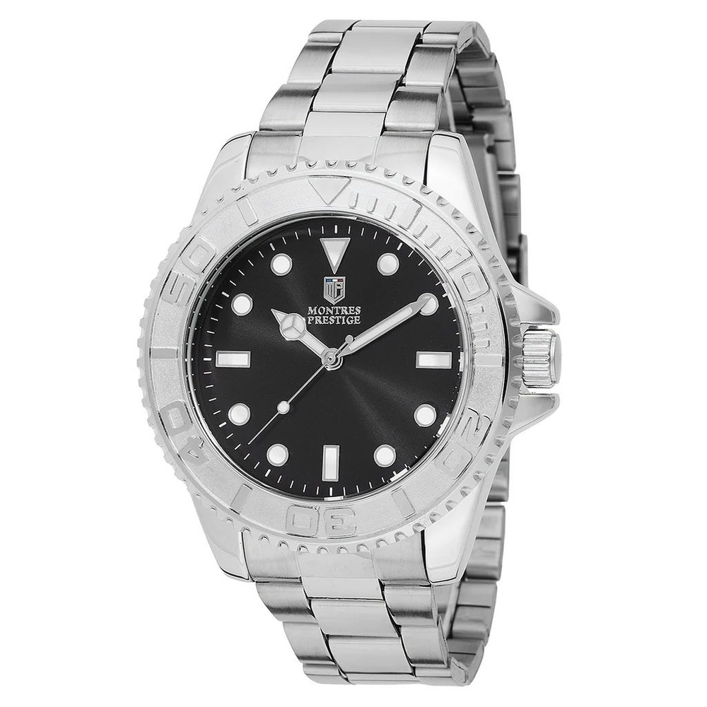 Montres Prestige MPW-0267 Mens Silver Tone Stainless Steel Black Dial Watch
